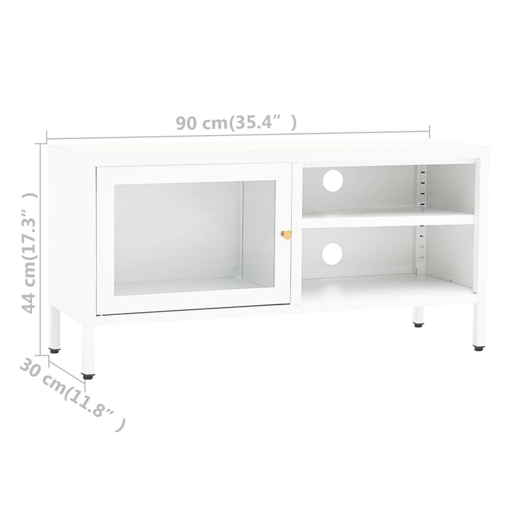 Meuble TV Blanc 90x30x44 cm Acier et verre