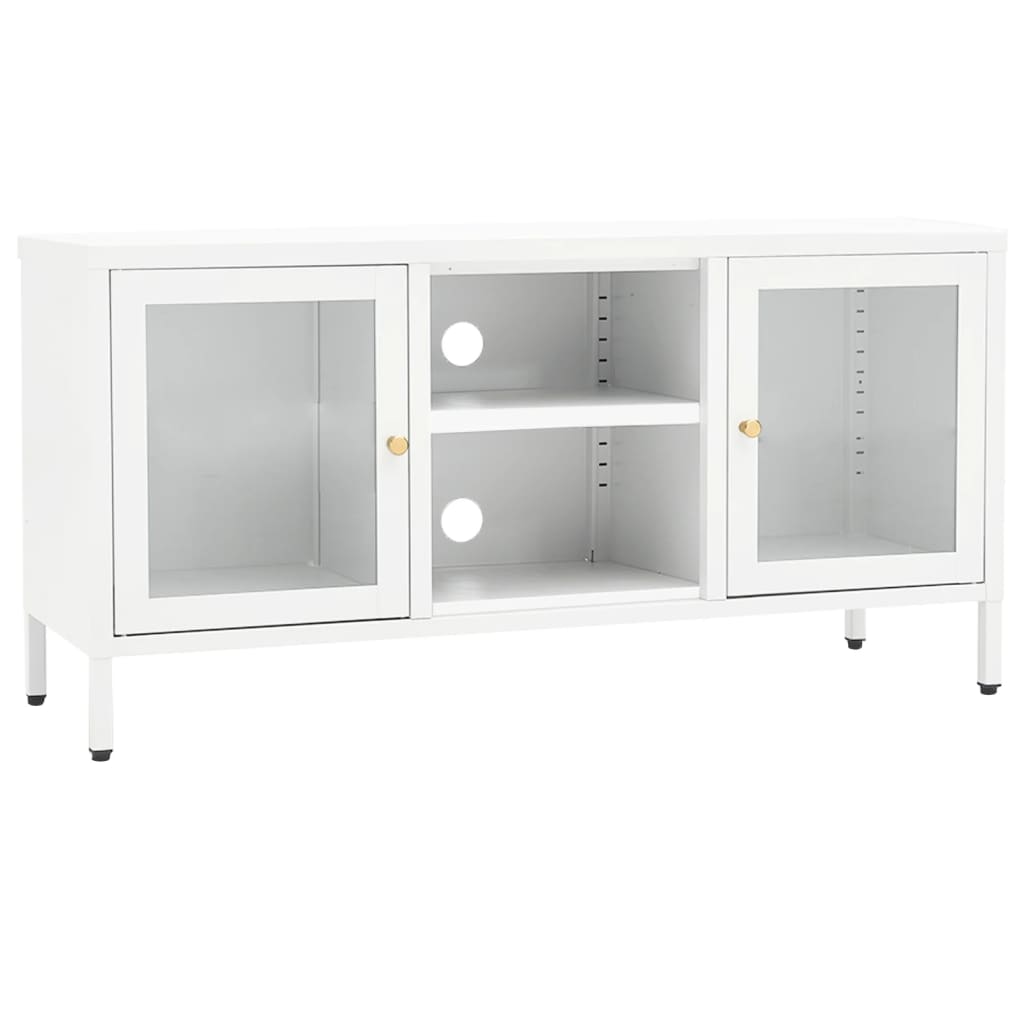 Meuble TV Blanc 105x35x52 cm Acier et verre