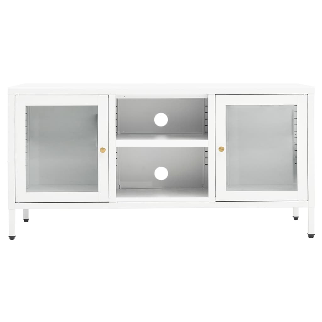 Meuble TV Blanc 105x35x52 cm Acier et verre