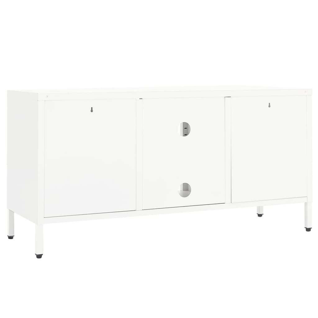 Meuble TV Blanc 105x35x52 cm Acier et verre