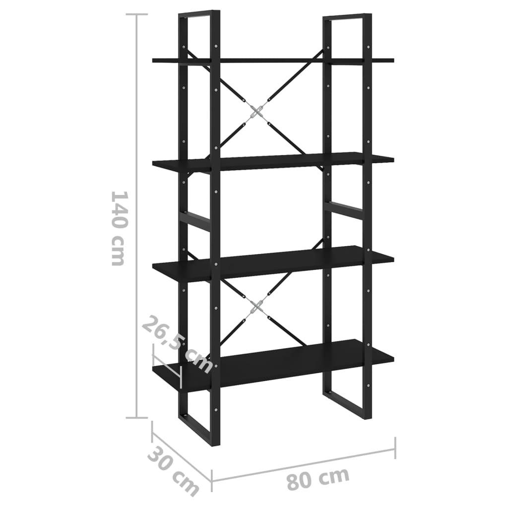 Bibliothèque à 4 niveaux noir 80x30x140 cm bois d'ingénierie