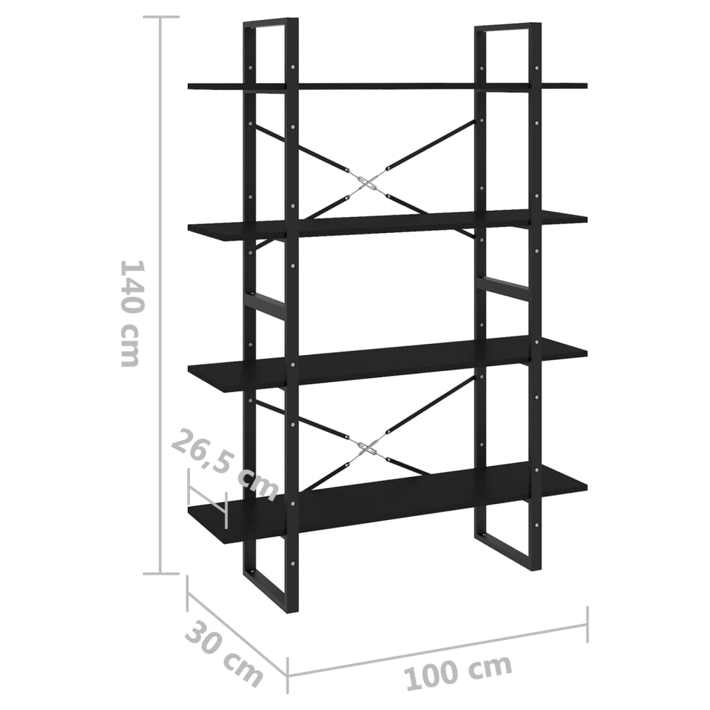 Bibliothèque à 4 niveaux noir 100x30x140 cm bois d'ingénierie