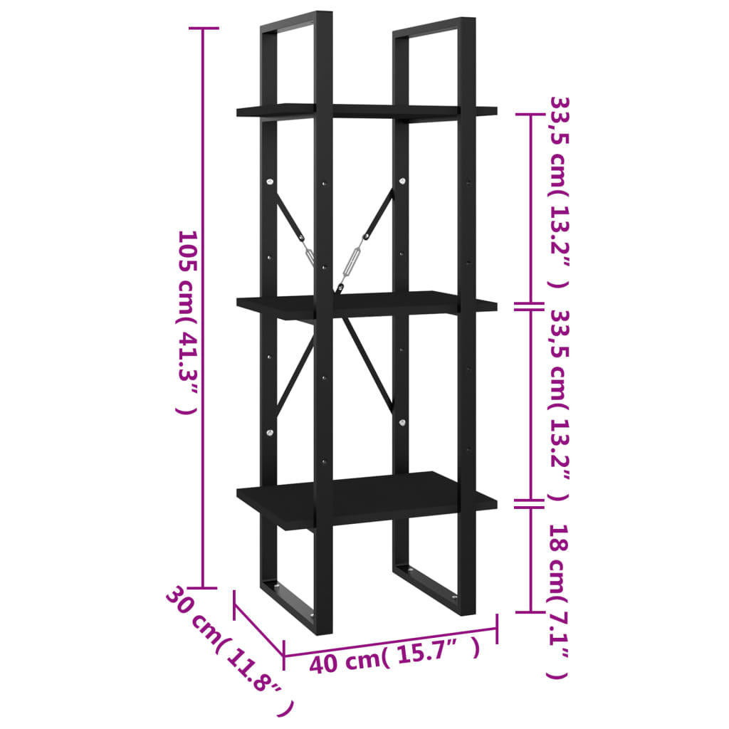 Bibliothèque à 3 niveaux noir 40x30x105 cm bois d'ingénierie