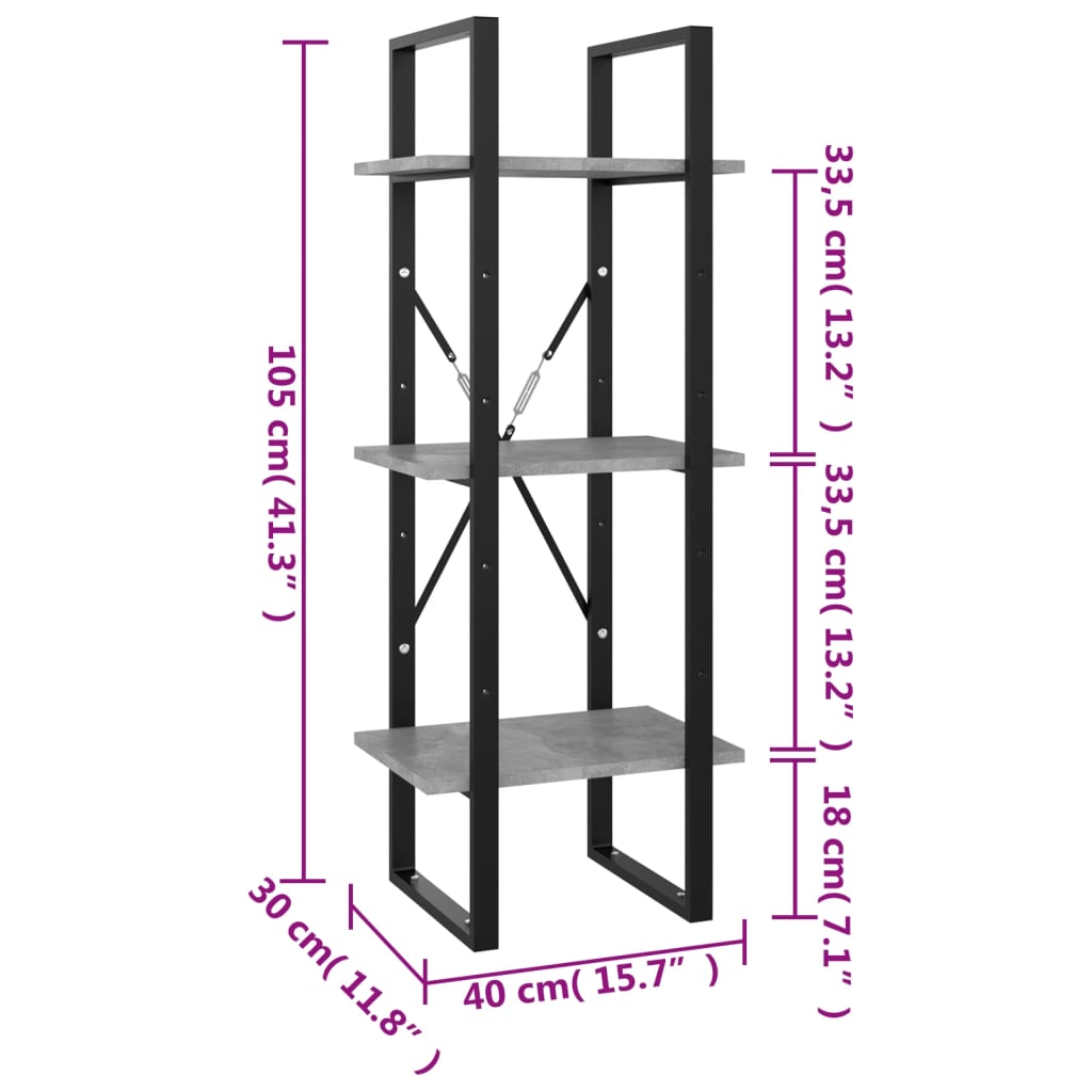 Bibliothèque à 3 niveaux gris béton 40x30x105cm bois ingénierie