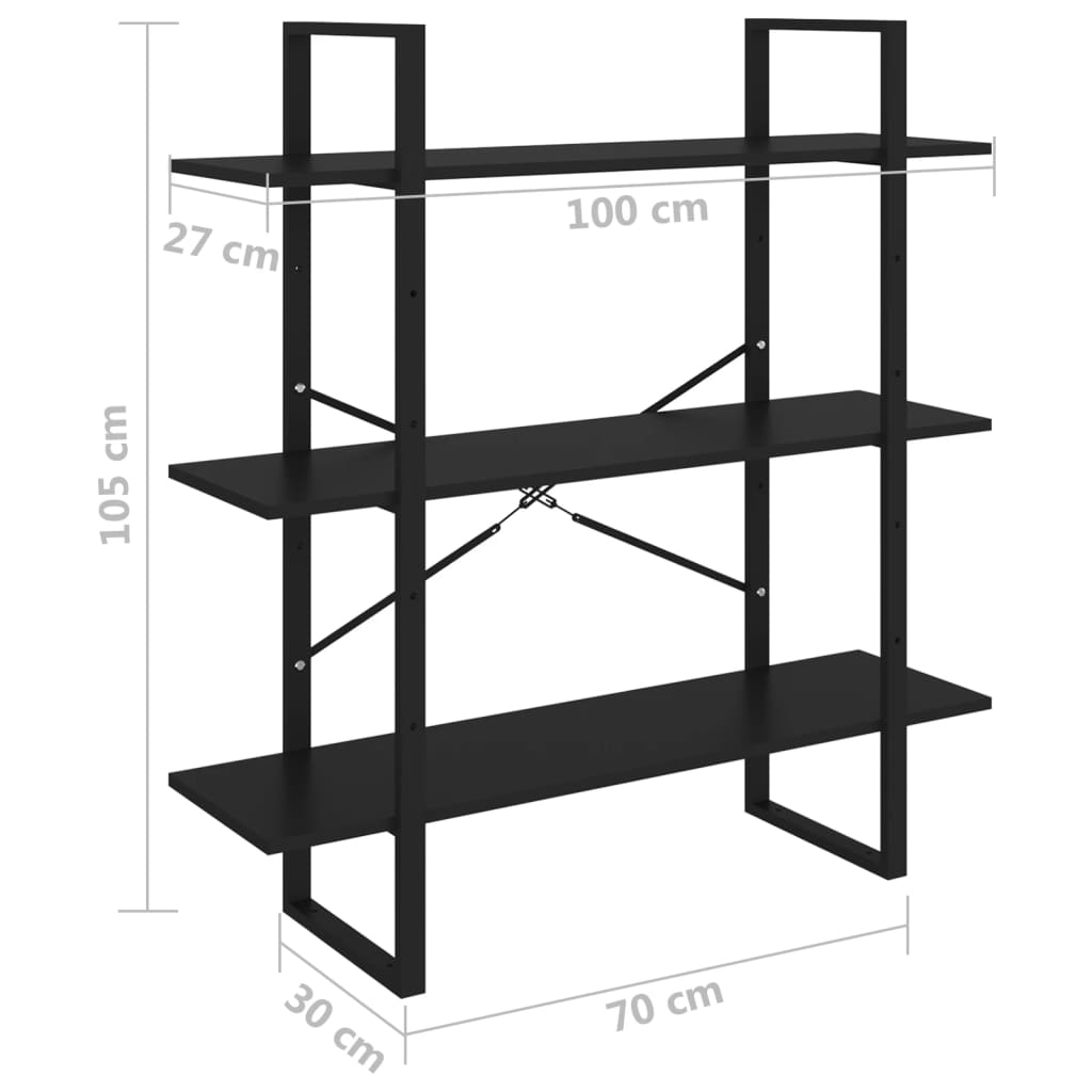 Bibliothèque à 3 niveaux Noir 100x30x105 cm Bois de pin massif