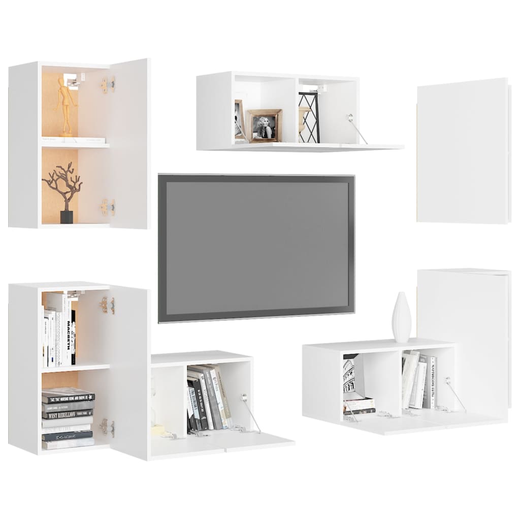 7 pcs TV Cabinet Set White Engineered Wood