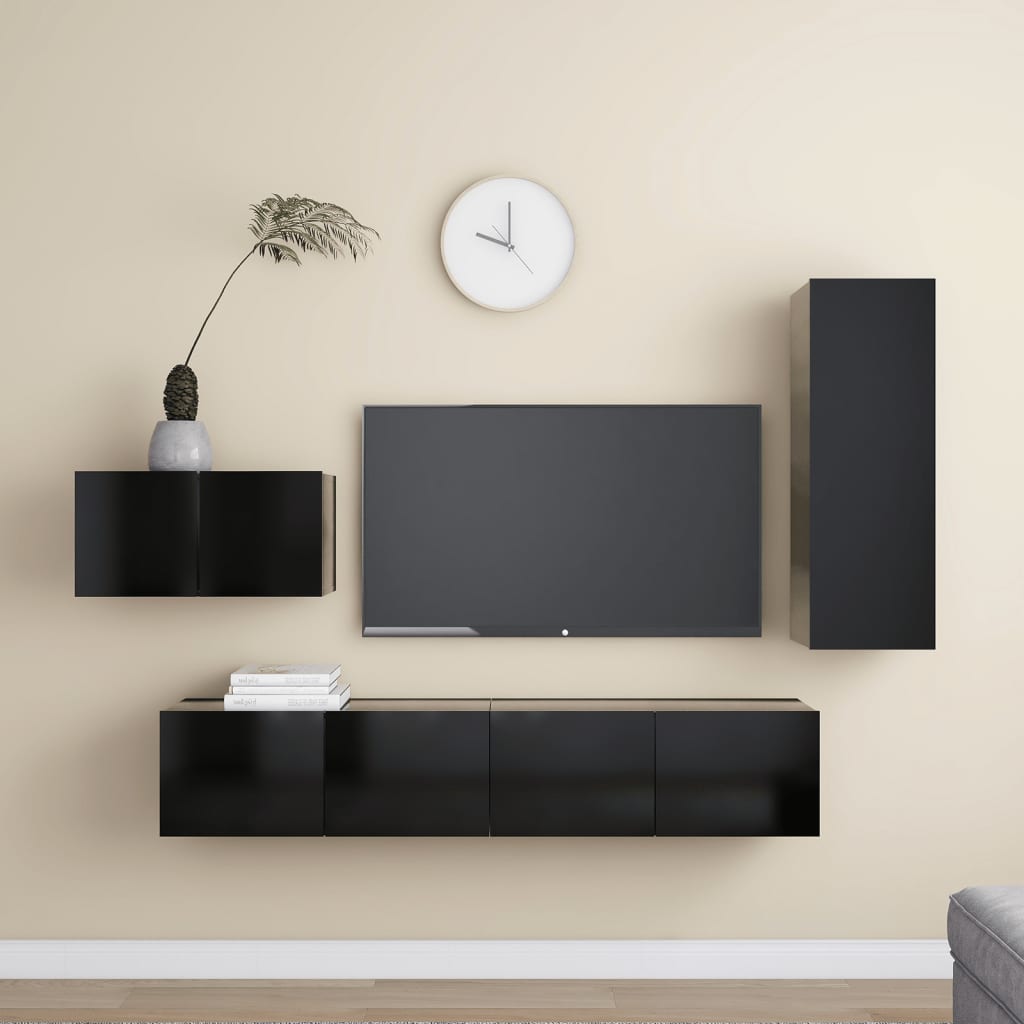 Ensemble de meuble TV 4 pcs Noir Bois d'ingénierie