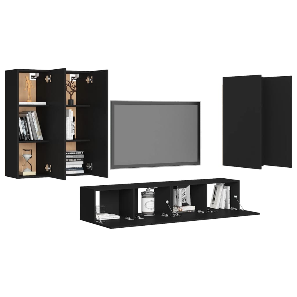 6 pcs TV Cabinet Set Black Engineered Wood