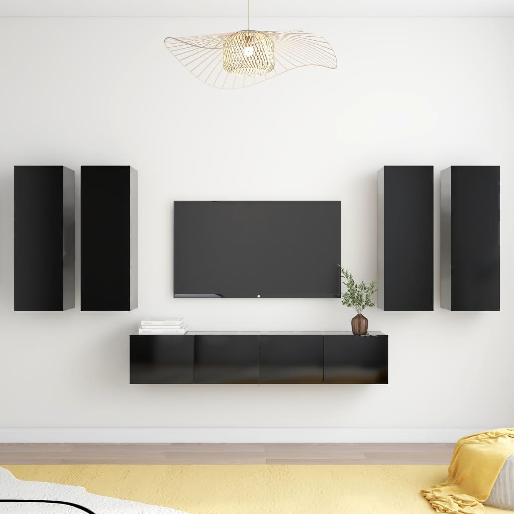 6 pcs TV Cabinet Set Black Engineered Wood