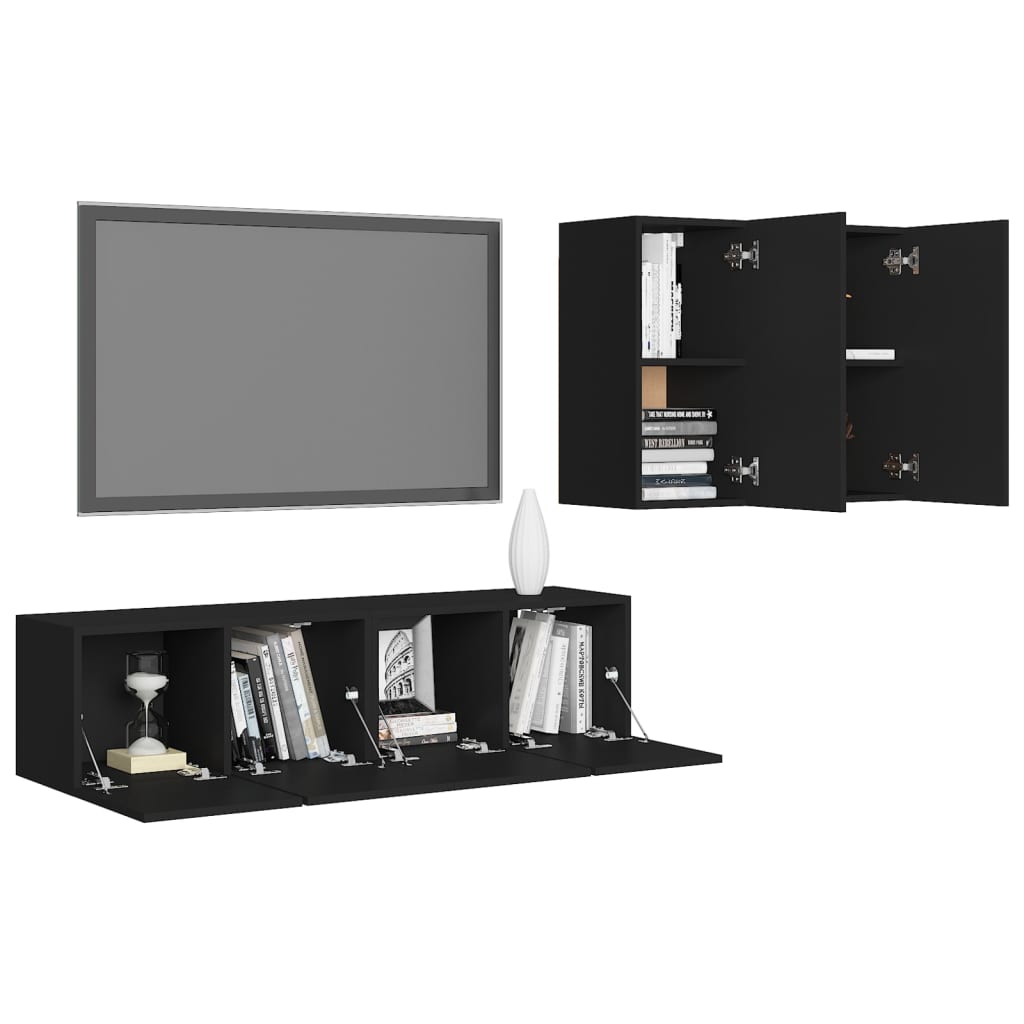 4 pcs TV Cabinet Set Black Engineered Wood