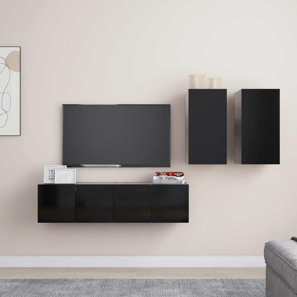 4 pcs TV Cabinet Set Black Engineered Wood