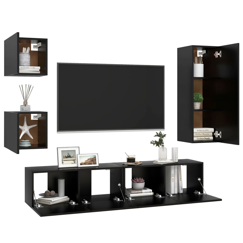 Ensemble de meuble TV 5 pcs Noir Bois d'ingénierie