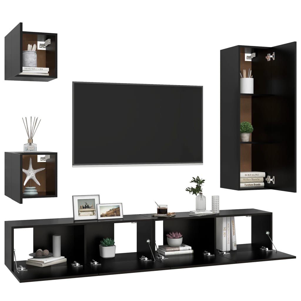 Ensemble de meuble TV 5 pcs Noir Bois d'ingénierie