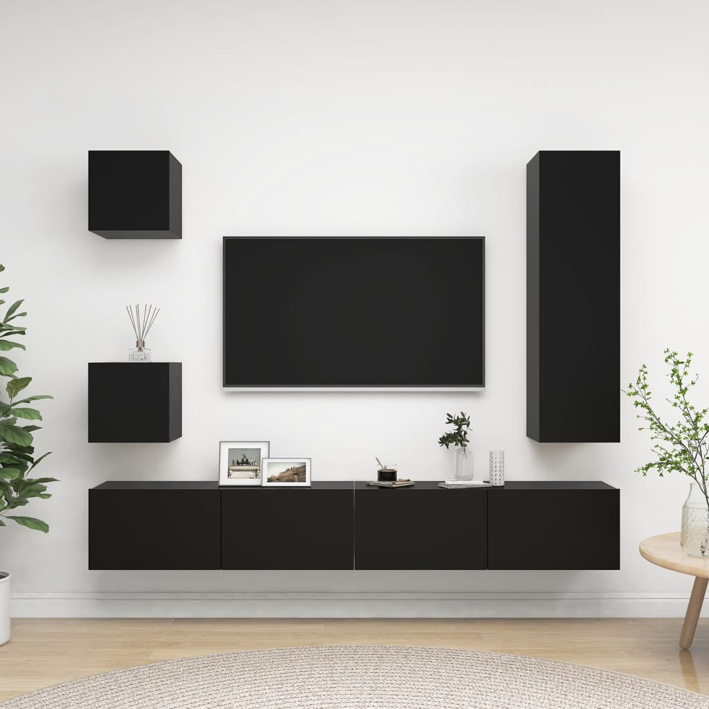 Ensemble de meuble TV 5 pcs Noir Bois d'ingénierie