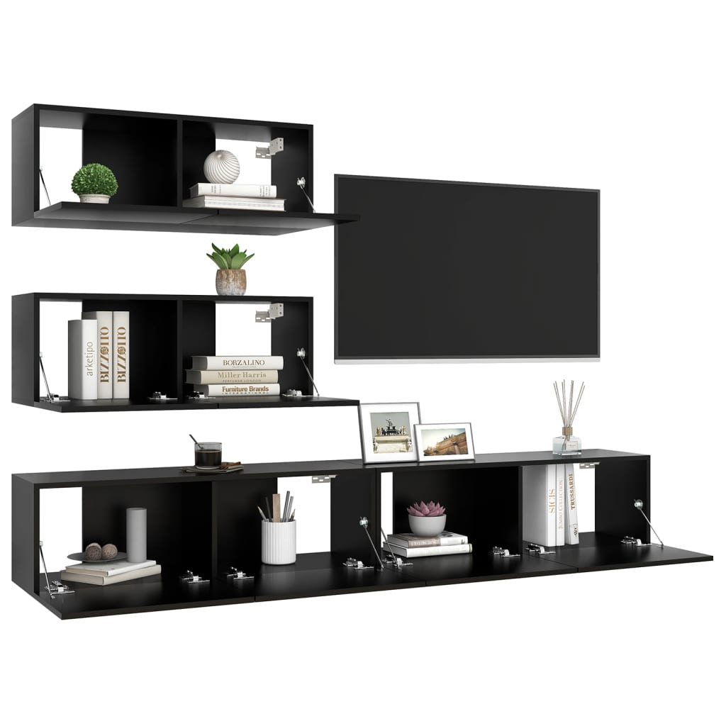 Ensemble de meuble TV 4 pcs Noir Bois d'ingénierie