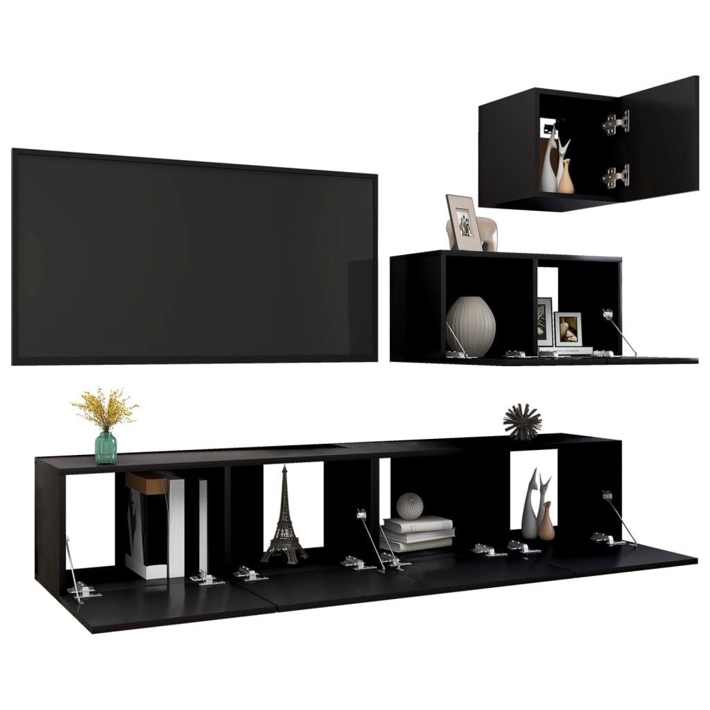 Ensemble de meuble TV 4 pcs Noir Bois d'ingénierie