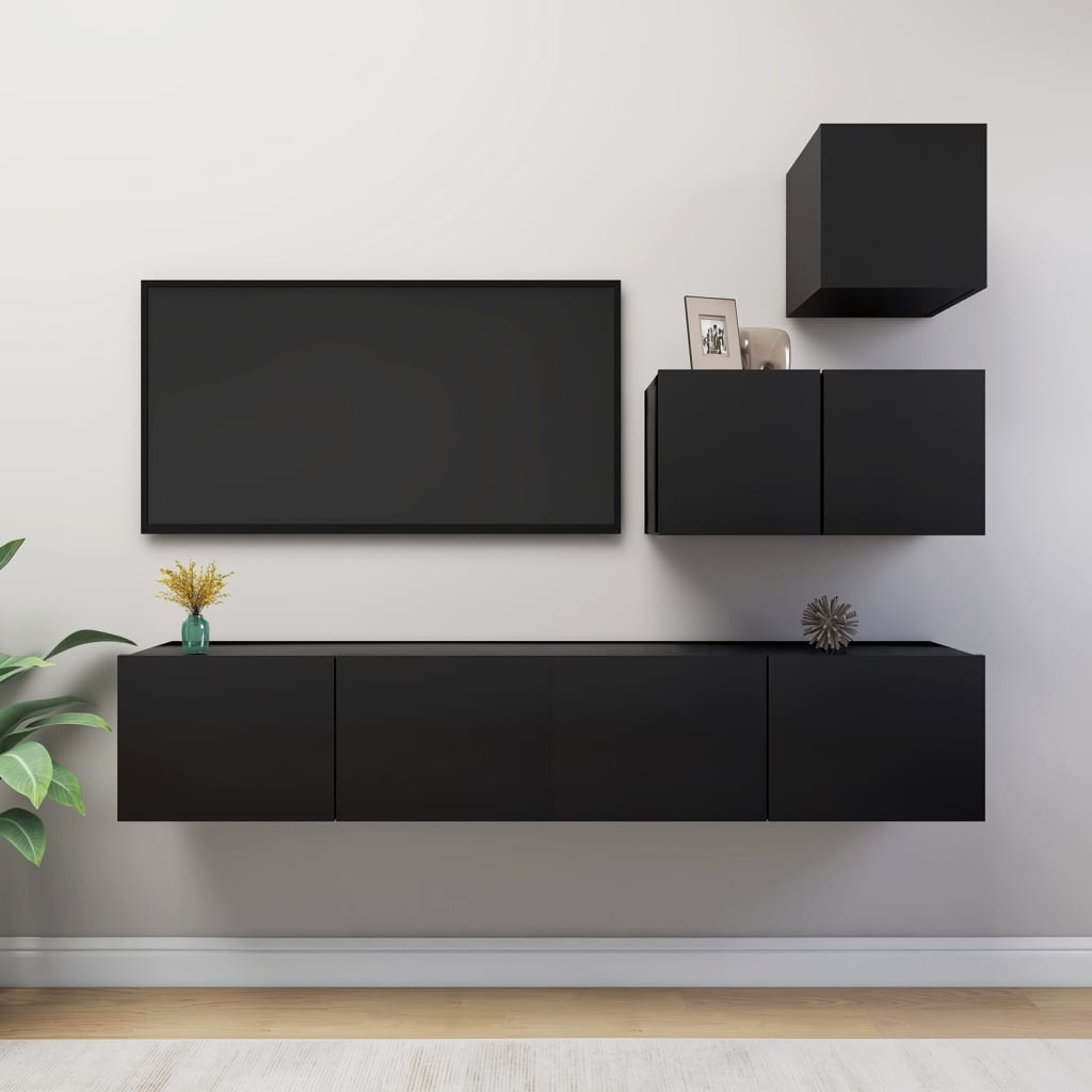 Ensemble de meuble TV 4 pcs Noir Bois d'ingénierie