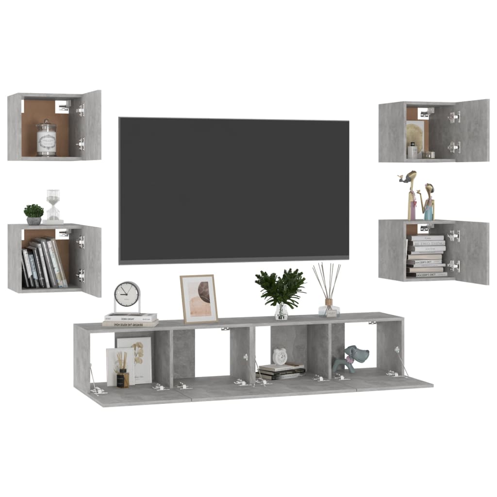 6 pcs TV Stand Set Concrete Grey Engineered Wood