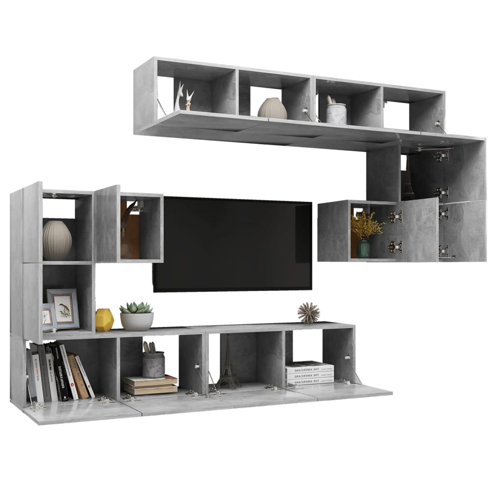 8 pcs TV Stand Set Concrete Grey Engineered Wood