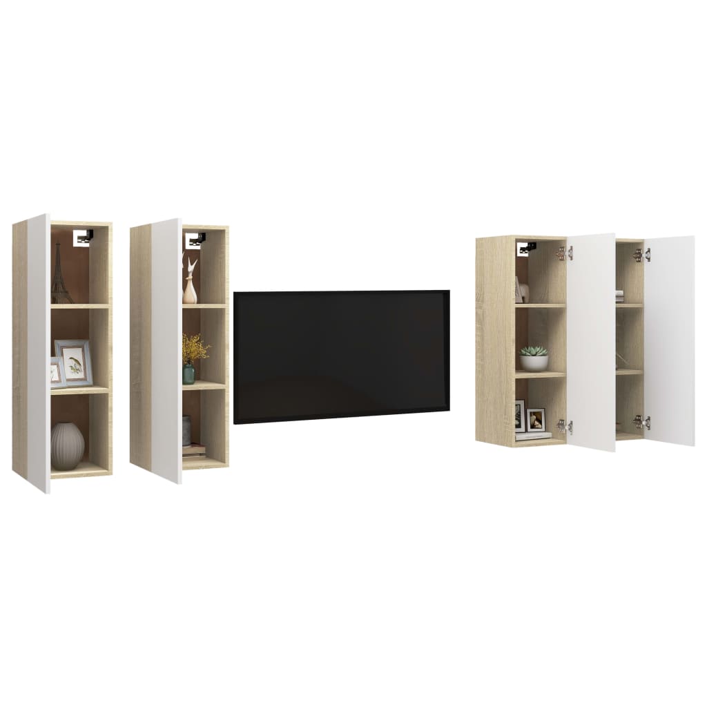 Meubles TV 4 pcs Blanc et chêne sonoma Bois d'ingénierie