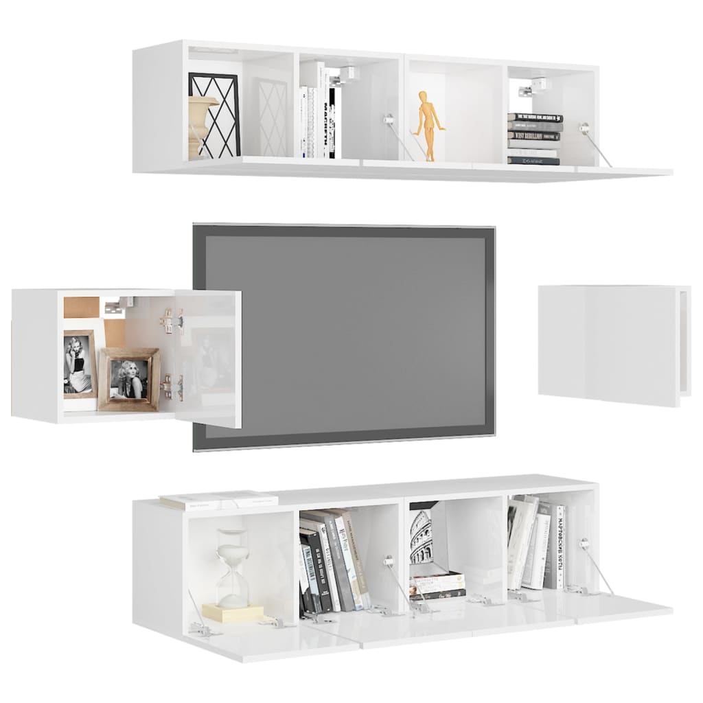 6 Piece TV Stand Set Glossy White Engineered Wood