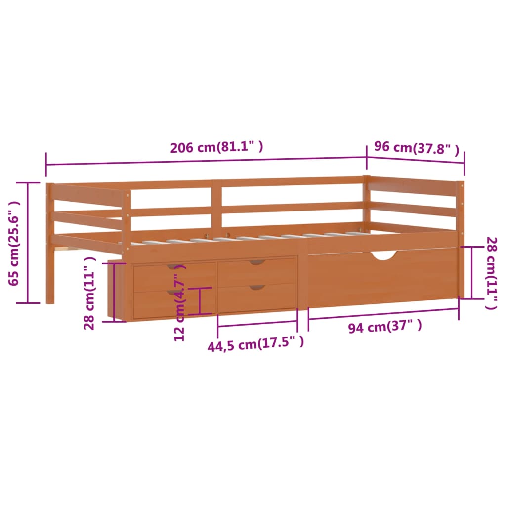 Cadre de lit avec rangement sans matelas marron miel 90x200 cm