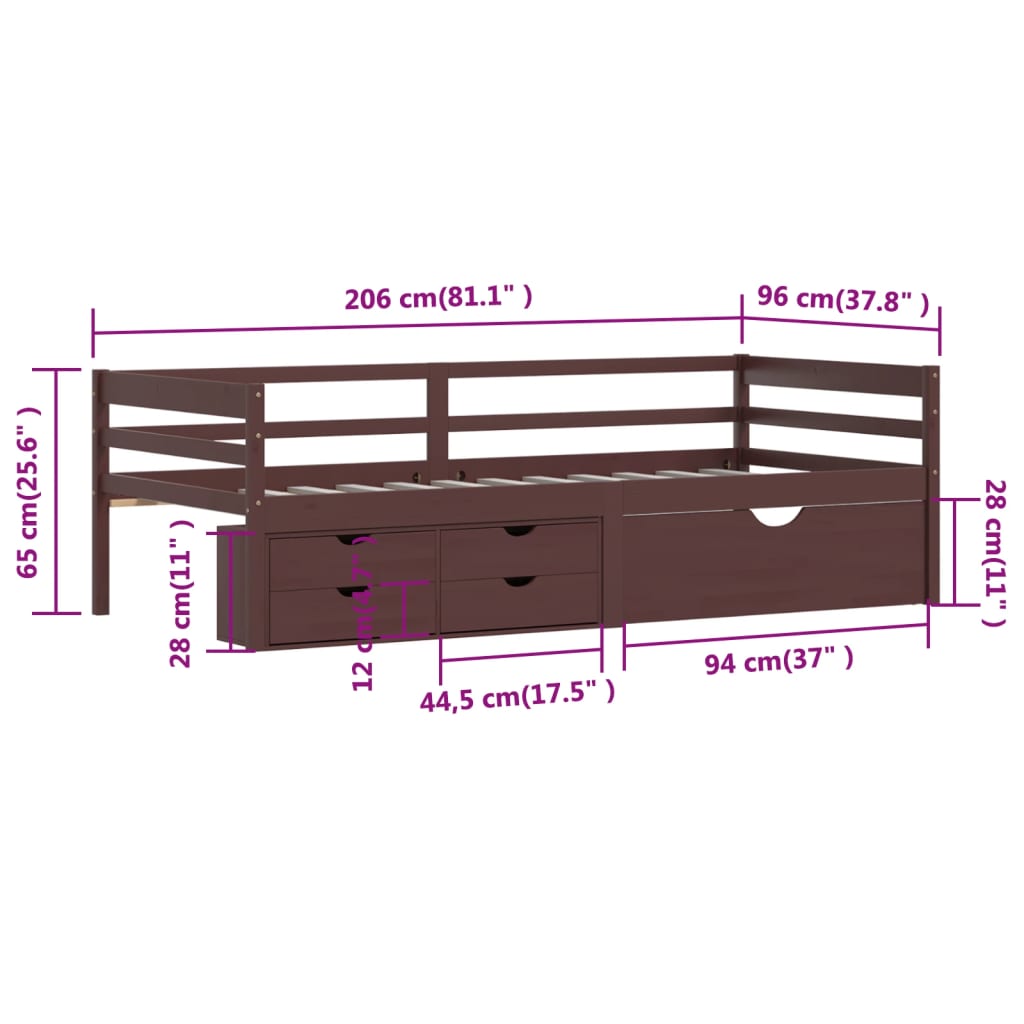 Cadre de lit avec rangement sans matelas marron foncé 90x200 cm