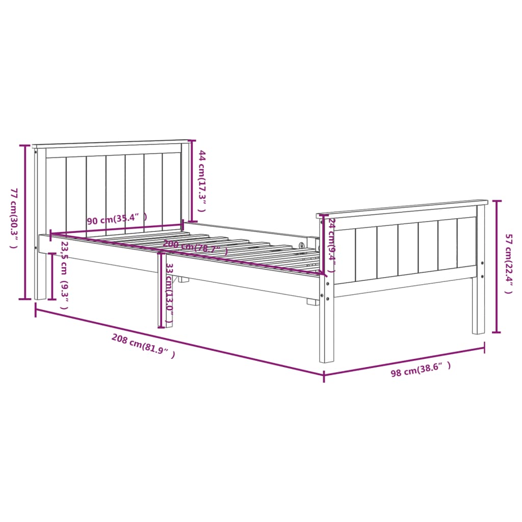 Cadre de lit sans matelas marron foncé bois pin massif 90x200cm