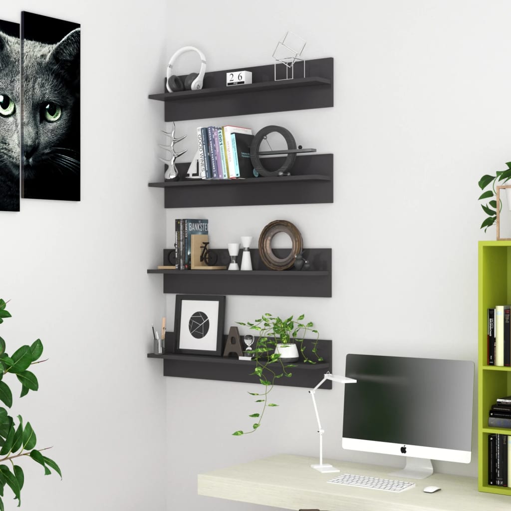 Wall shelves 4 pcs gray gloss engineered wood