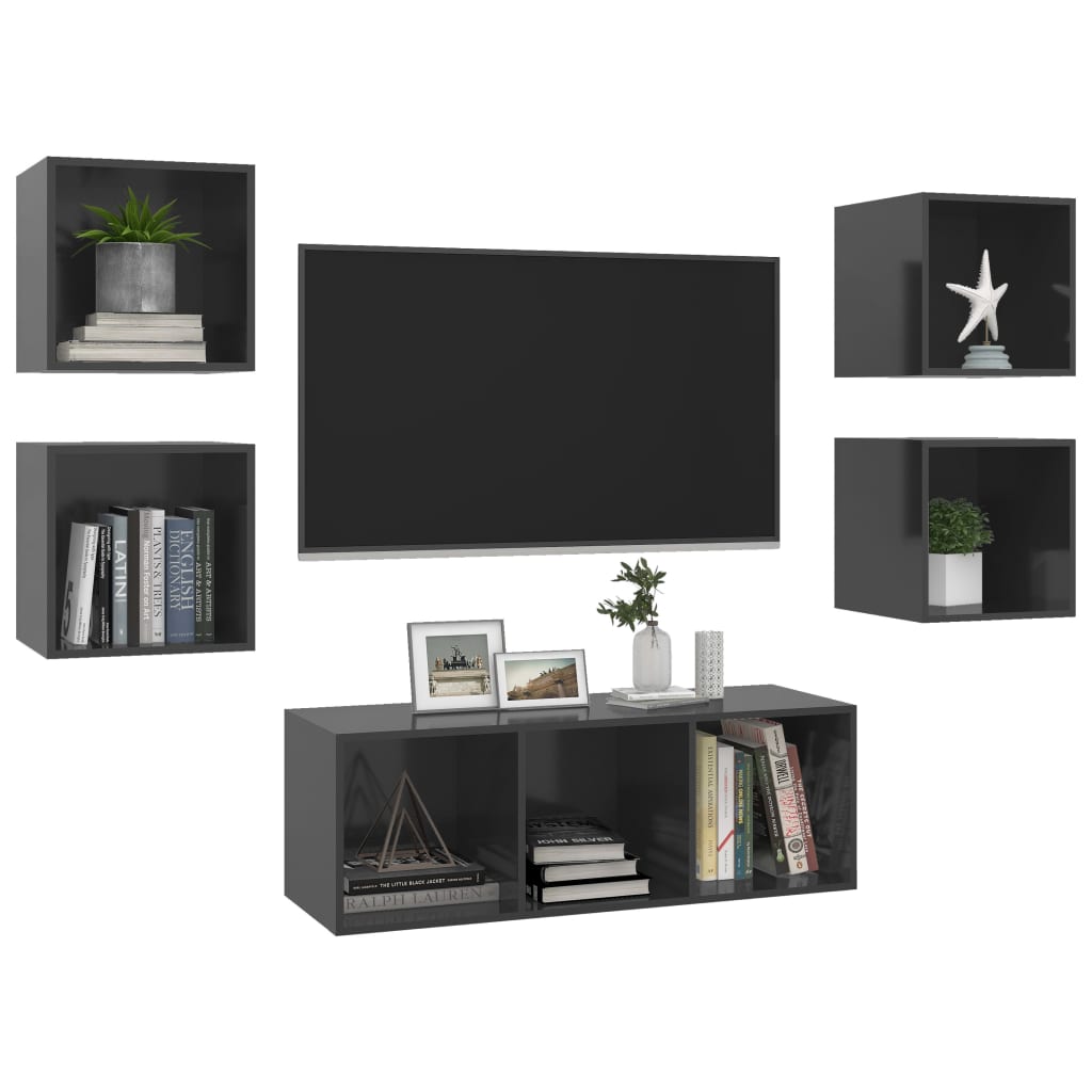 Ensemble de meubles TV 5 pcs Gris brillant Bois d'ingénierie