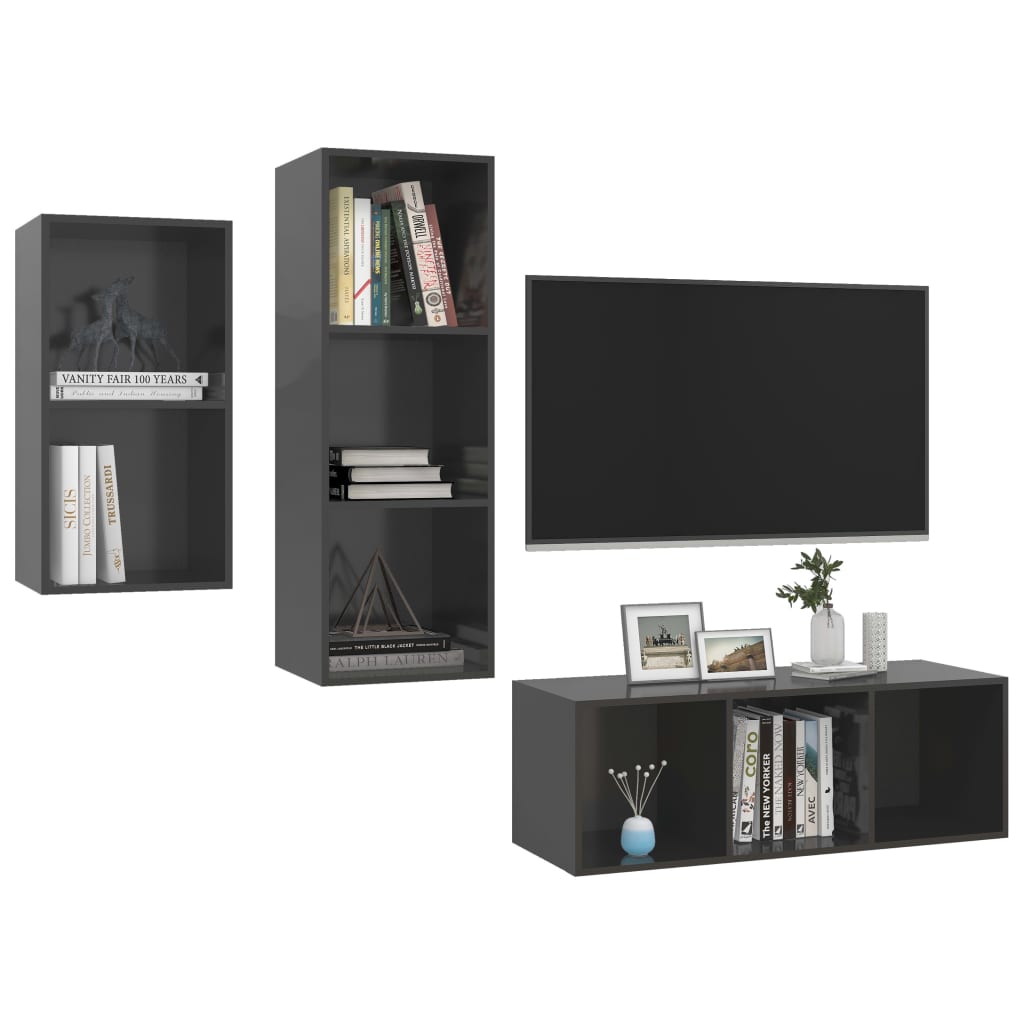 Ensemble de meubles TV 3 pcs Gris brillant Bois d'ingénierie