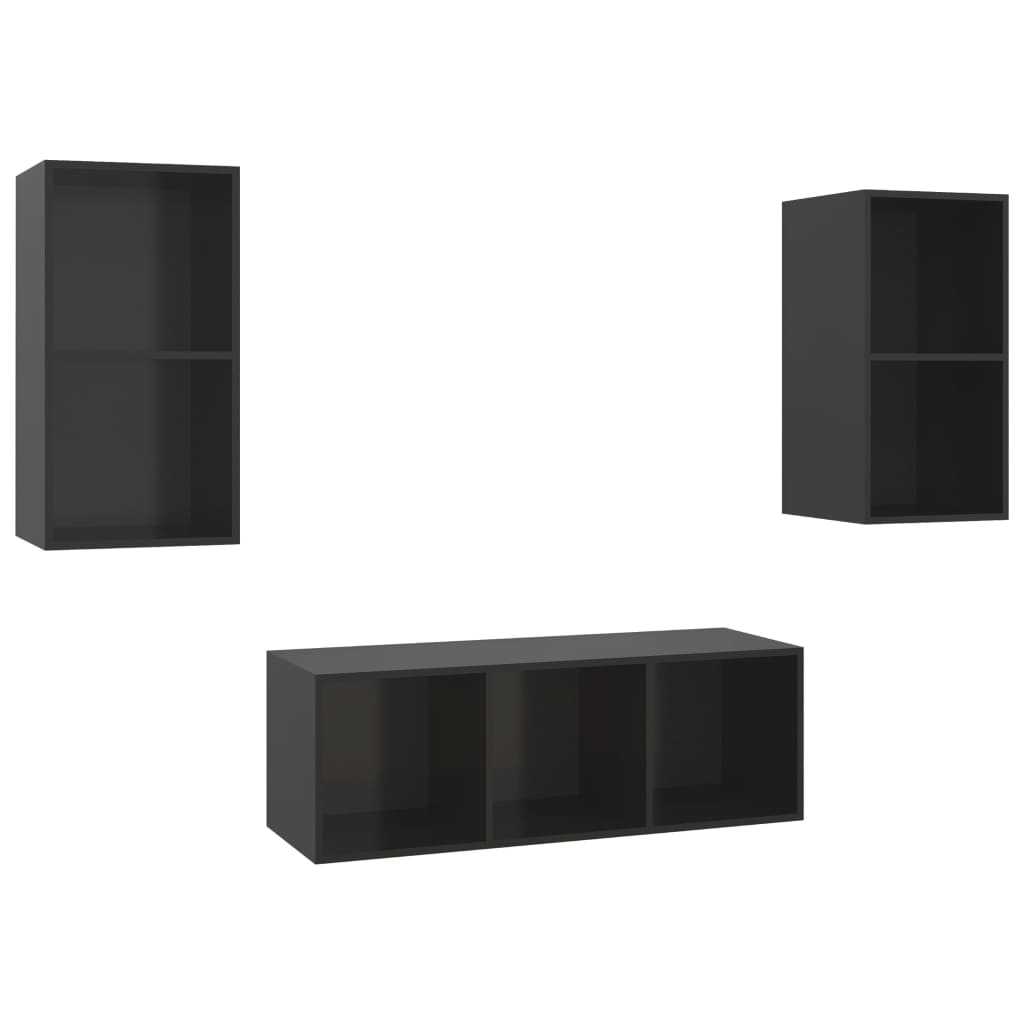 3 pcs TV Cabinet Set Glossy Black Engineered Wood