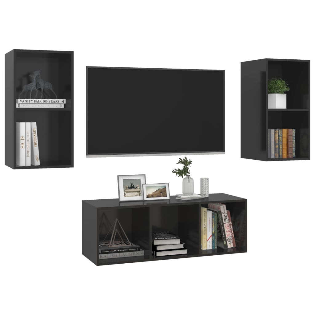 3 pcs TV Cabinet Set Glossy Black Engineered Wood