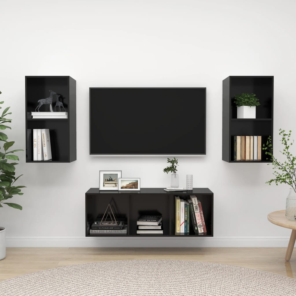 Ensemble de meubles TV 3 pcs Noir brillant Bois d'ingénierie