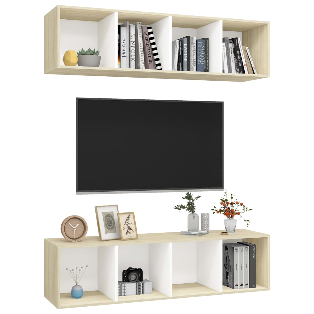 2 pcs Wall Mounted TV Cabinets White and Sonoma Oak Engineered Wood