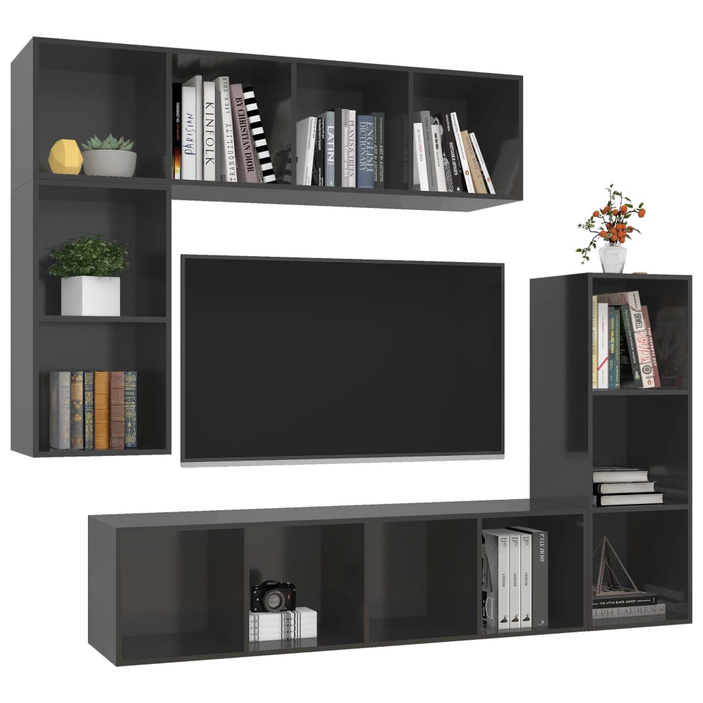 4 pcs TV Stand Set Glossy Grey Engineered Wood