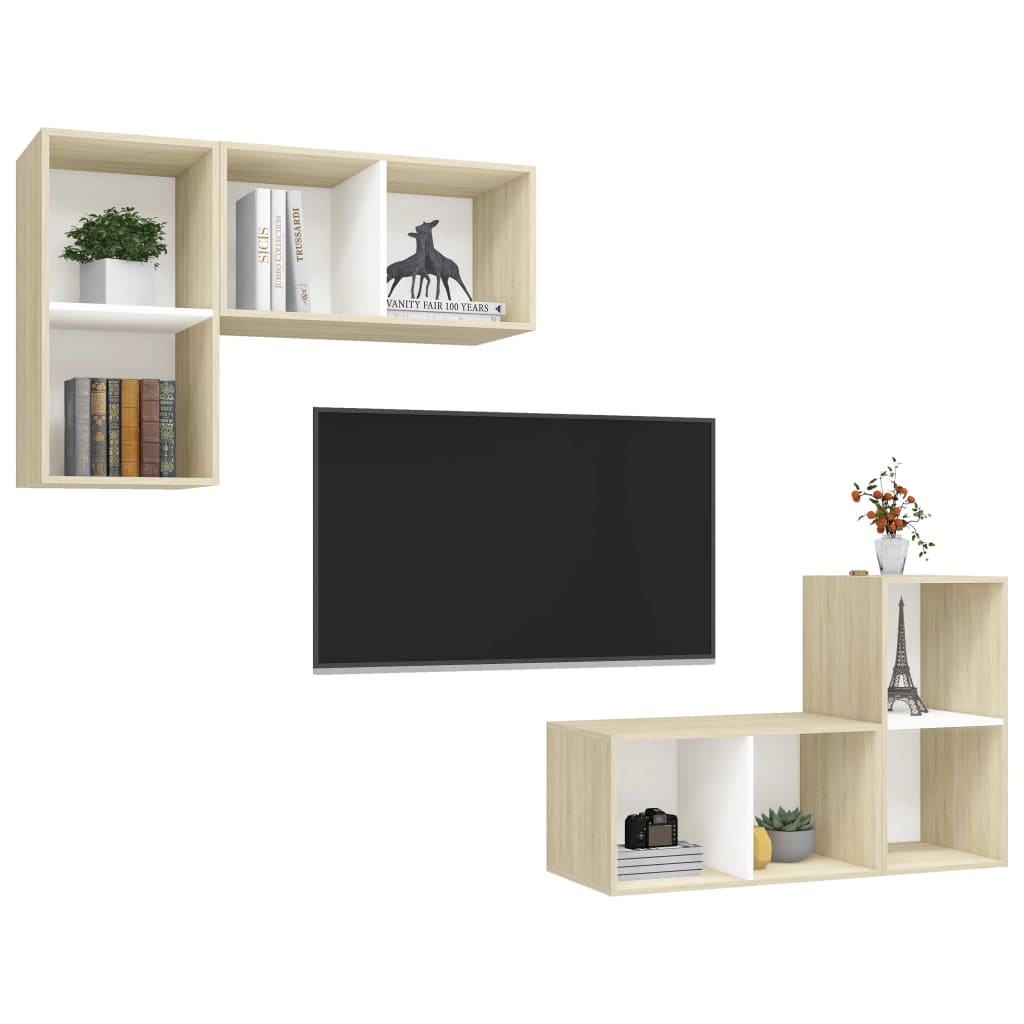 Meubles TV muraux 4 pcs Blanc et chêne sonoma Bois d'ingénierie