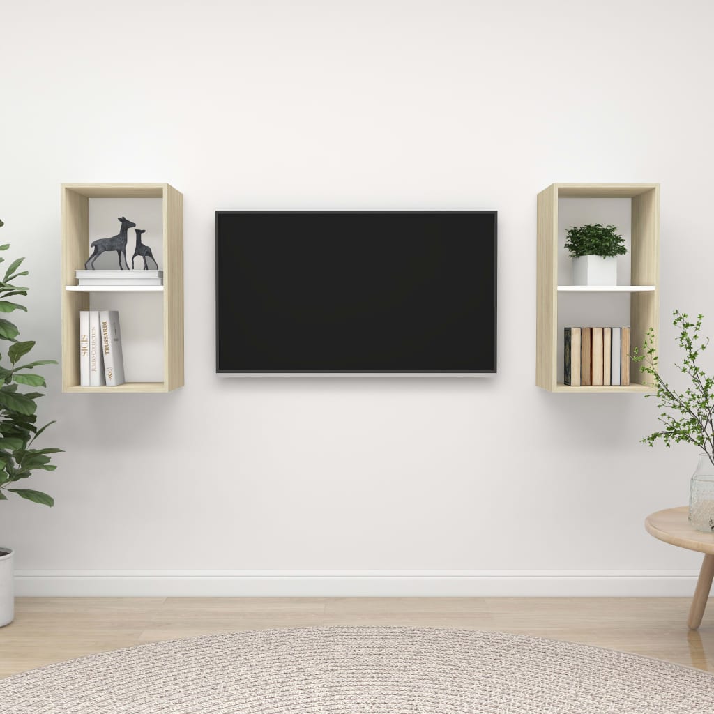 Meubles TV muraux 2 pcs Blanc et chêne sonoma Bois d'ingénierie