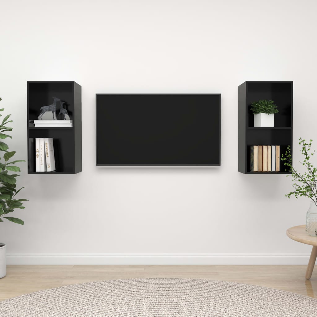 Meubles TV muraux 2 pcs Noir brillant Bois d'ingénierie