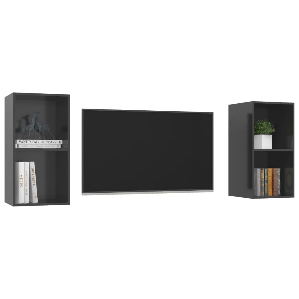 2 pcs Wall Mounted TV Cabinets Glossy Grey Engineered Wood