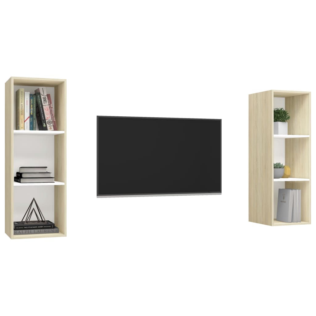 Meubles TV muraux 2 pcs Blanc et chêne sonoma Bois d'ingénierie