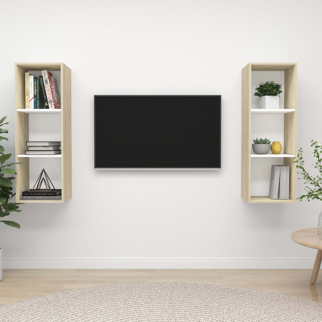 Meubles TV muraux 2 pcs Blanc et chêne sonoma Bois d'ingénierie