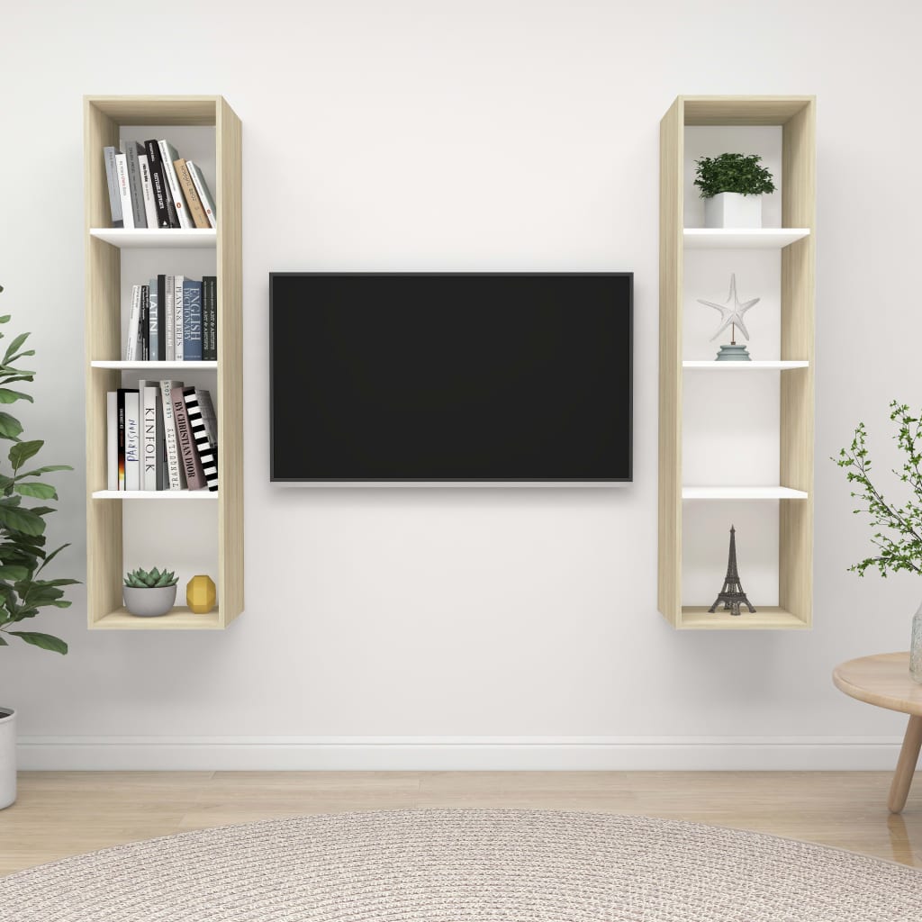 Meubles TV muraux 2 pcs Blanc et chêne sonoma Bois d'ingénierie