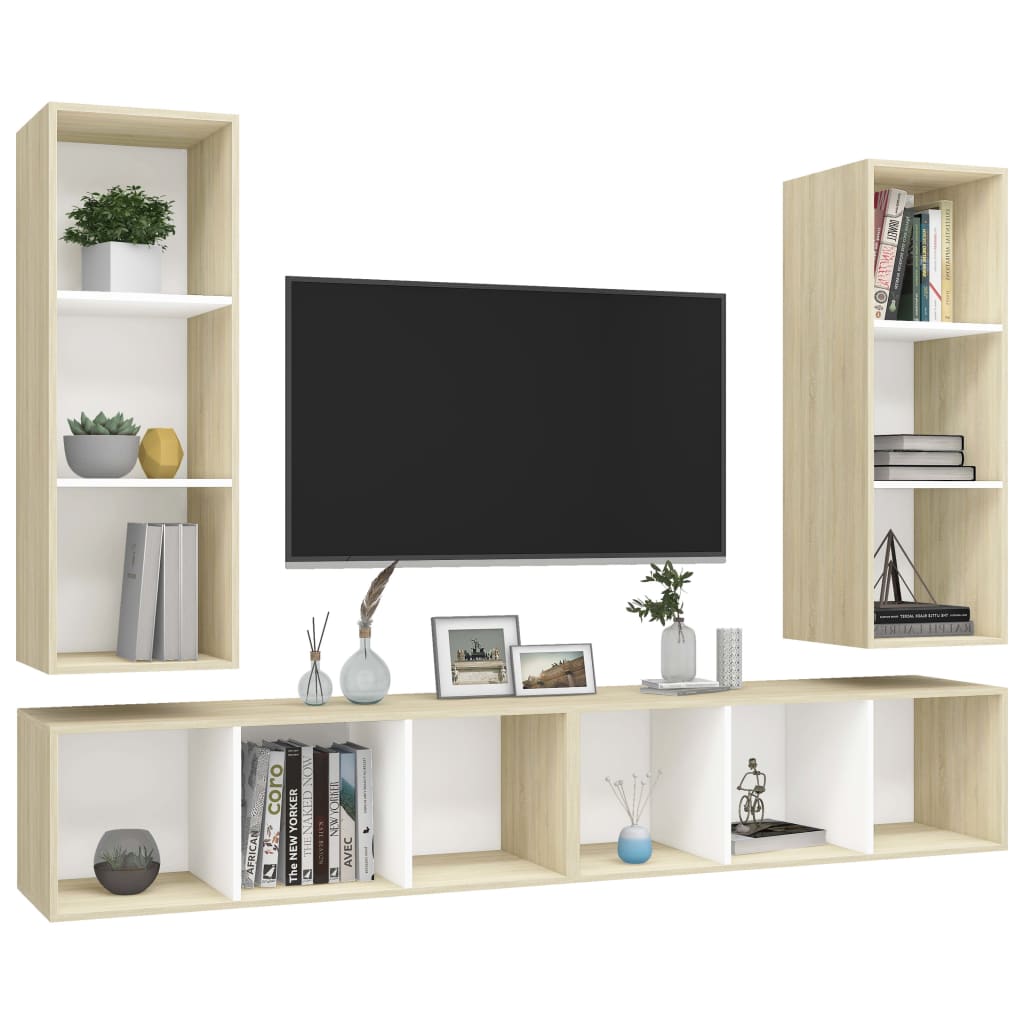 Meubles TV muraux 4 pcs Blanc et chêne sonoma Bois d'ingénierie