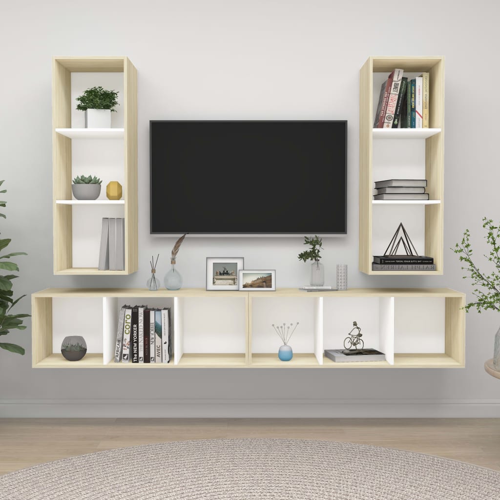 Meubles TV muraux 4 pcs Blanc et chêne sonoma Bois d'ingénierie