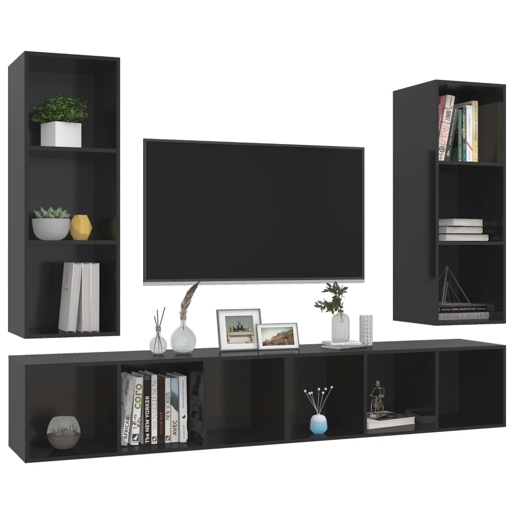 4 pcs Wall Mounted TV Cabinets Glossy Black Engineered Wood