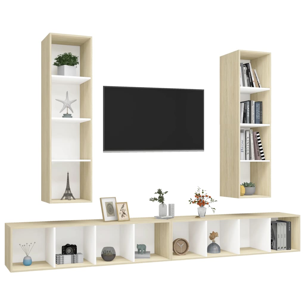 4 pcs Wall Mounted TV Cabinets White and Sonoma Oak Engineered Wood