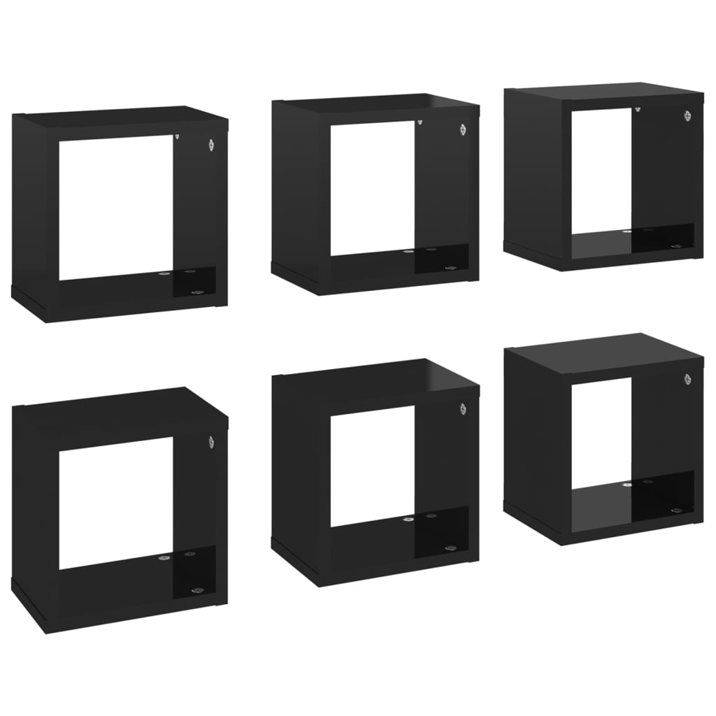 Étagères cube murales 6 pcs noir brillant 22x15x22 cm