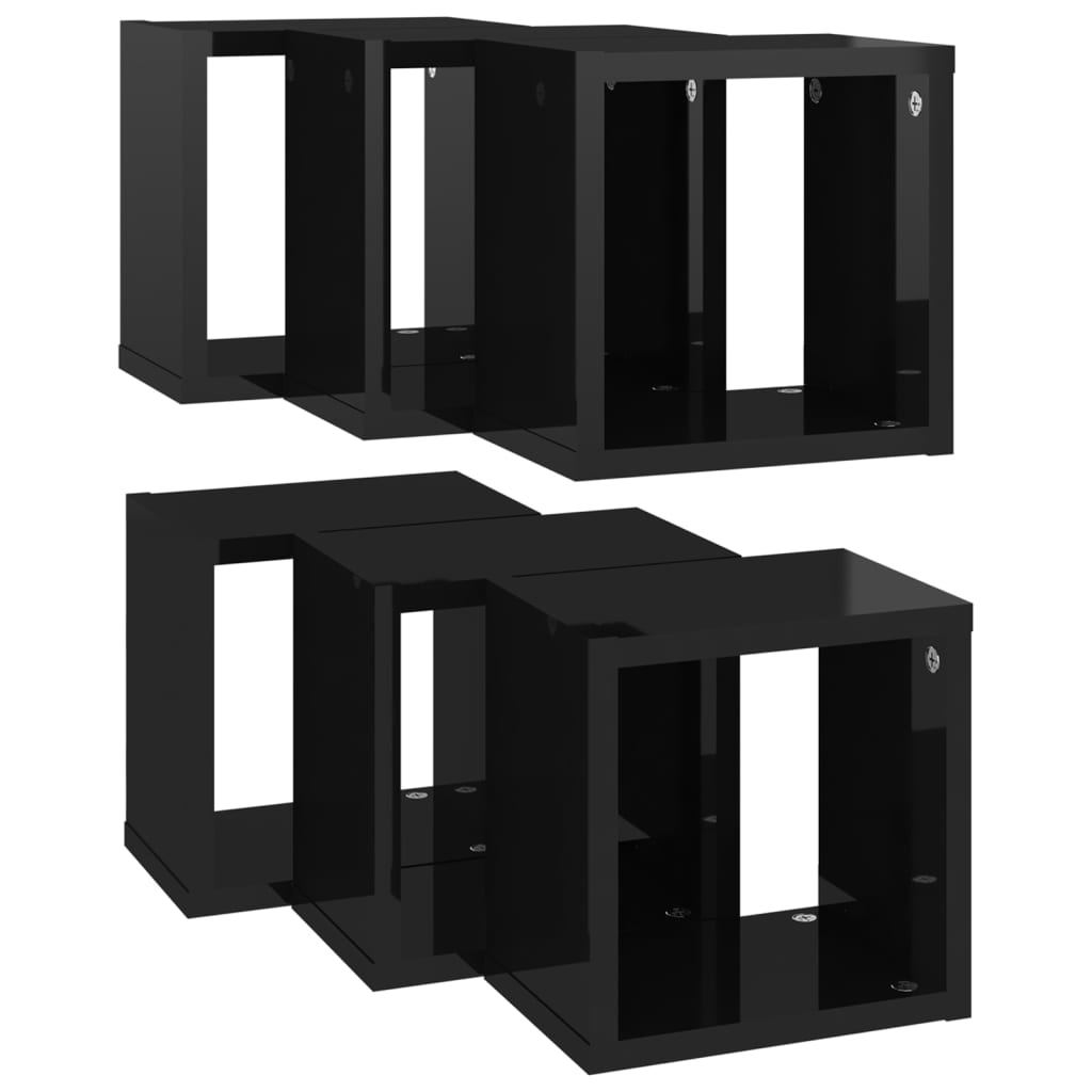 Étagères cube murales 6 pcs noir brillant 22x15x22 cm