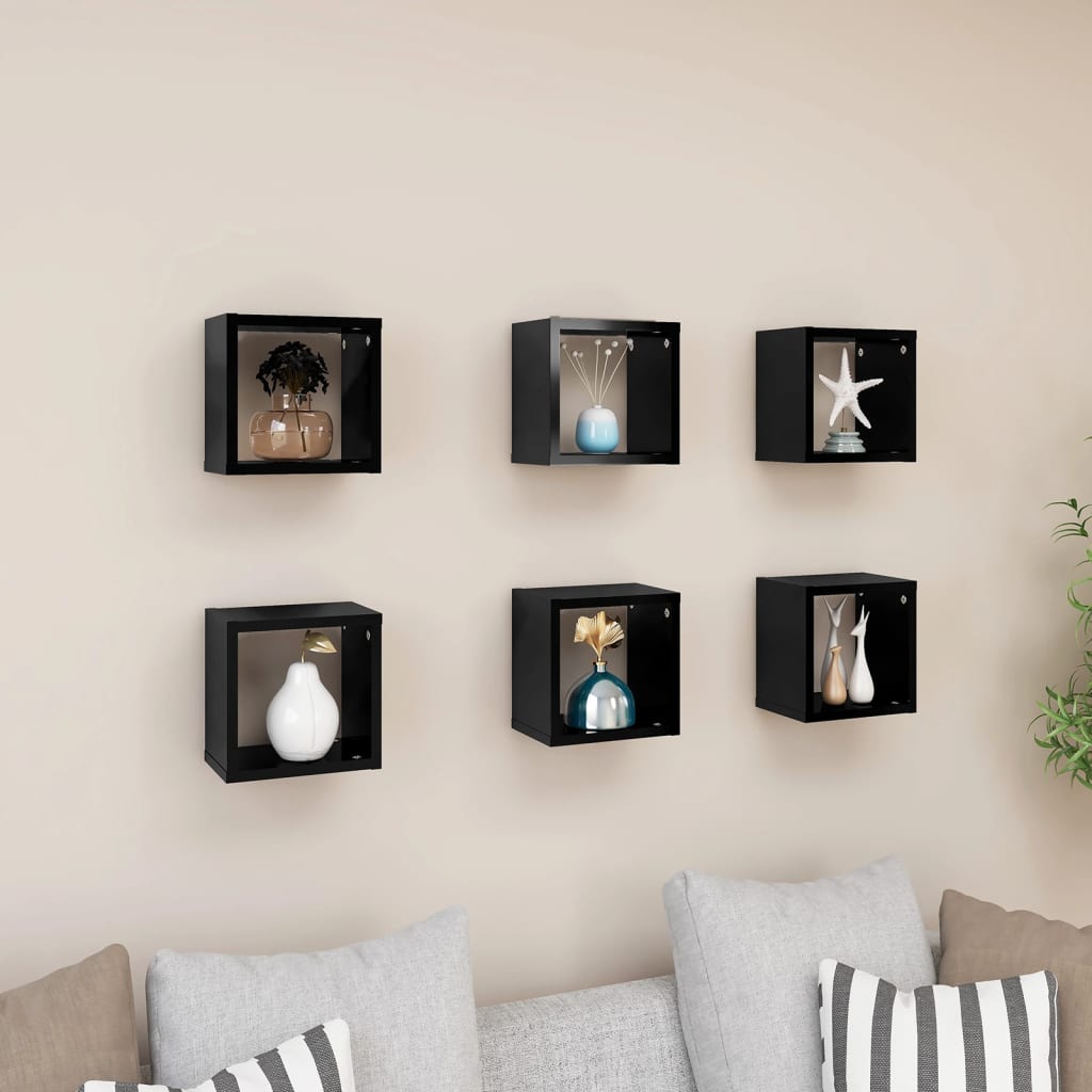 Étagères cube murales 6 pcs noir brillant 22x15x22 cm